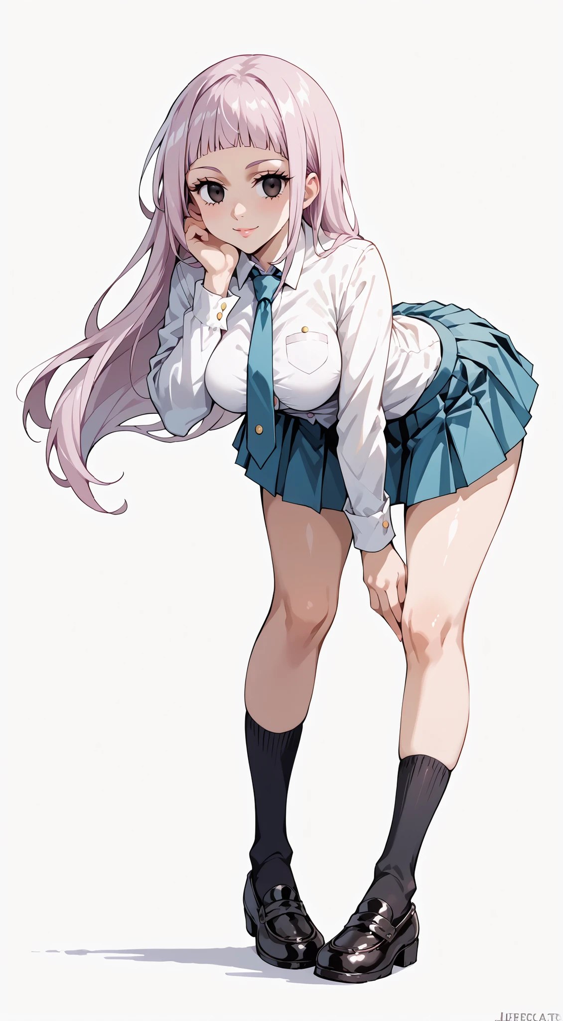 ((1 girl:1.5))、(smile:1.5)、、（cowboy shot）、(fun!!)、(white cardigan:1.5)、(dog ears)、(silver hair)、blush、(long hair)、(eye highlights:1.3)、blake black shoes,(黒いskirt:1.5)、bow, button, shirt with collar, long sleeve,  ((red bow tie, ,, white shirt, チェック柄のskirt:1.5、white socks)),, shirt,, skirt, socks, thighs, white shirt, Rest indoors, ((classroom:1.5))、 BREAK while watching the audience、 (perfect hands, perfect anatomy),cowboy shot、(skirtlift:1.3),(highly detailed white panties:1.3)、(highly detailed panties:1.3)、、(skirt that rolls up:1.3)、(fully exposed panties:1.5)、light blue eyes