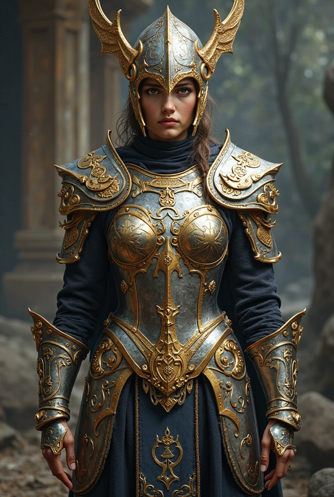 full body wide shot, woman beautiful face warrior wearing heavy iron upper body armor insanely detailed and intricate , hypermaximalist, elegant, ornate, hyper realistic, super detailed, cinematic light, dark fantasy, ConceptArtWorld, apocalyptic,grouchy, masterpiece,modelshoot style