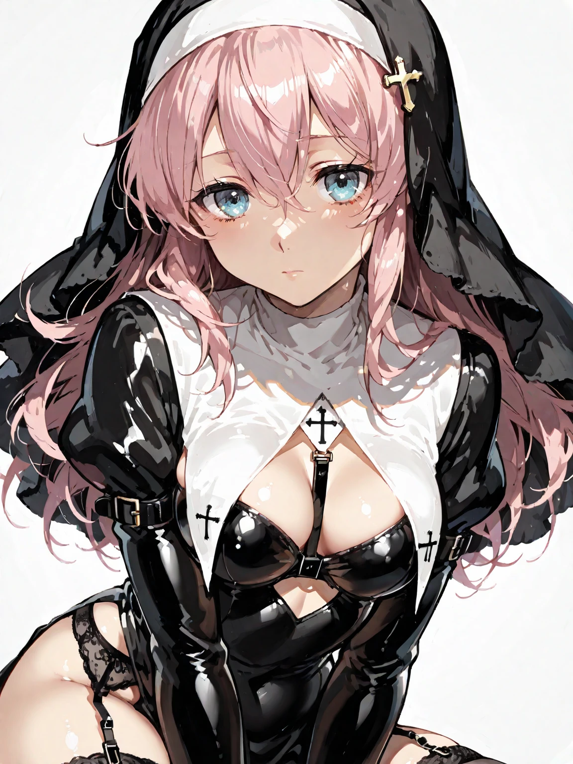 highres,high quality,best quality,detailed,1girl,solo,pink hair,short hair, straight hair,silver eyes,huge breast,nun,sexy,erotic,upper body,white background,posing, evil smile, licking lips,teenager,nun veils,