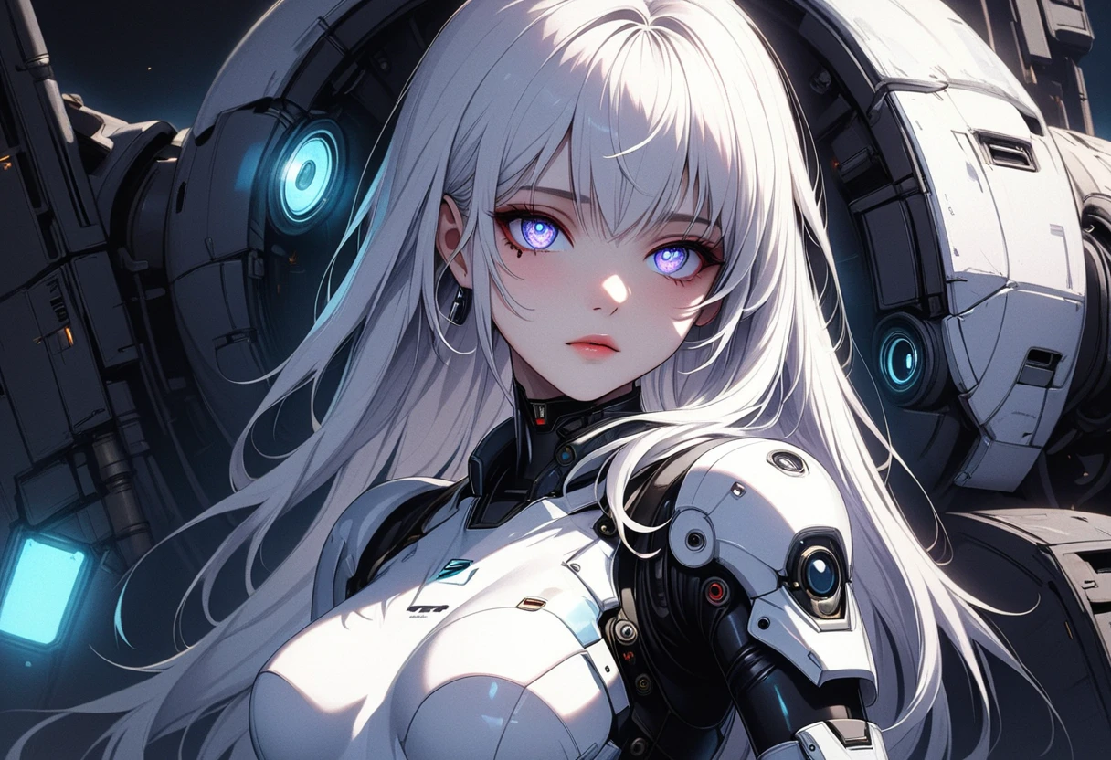 ((((best quality)), ((masterpiece)), (detailed face and eyes), perfect face, accurate, textured skin, high details, highres, white hair, bangs, long hair, mole under eye, symbol-shaped pupils, cinematic lighting, chiaroscuro, textured skin, masterpiece, high details, super detail, A scene from a science fiction movie. A soldier who works in a city on a different planet from Earth. Wearing a functional . The shoulders and arms are equipped with mechanical parts. young woman.