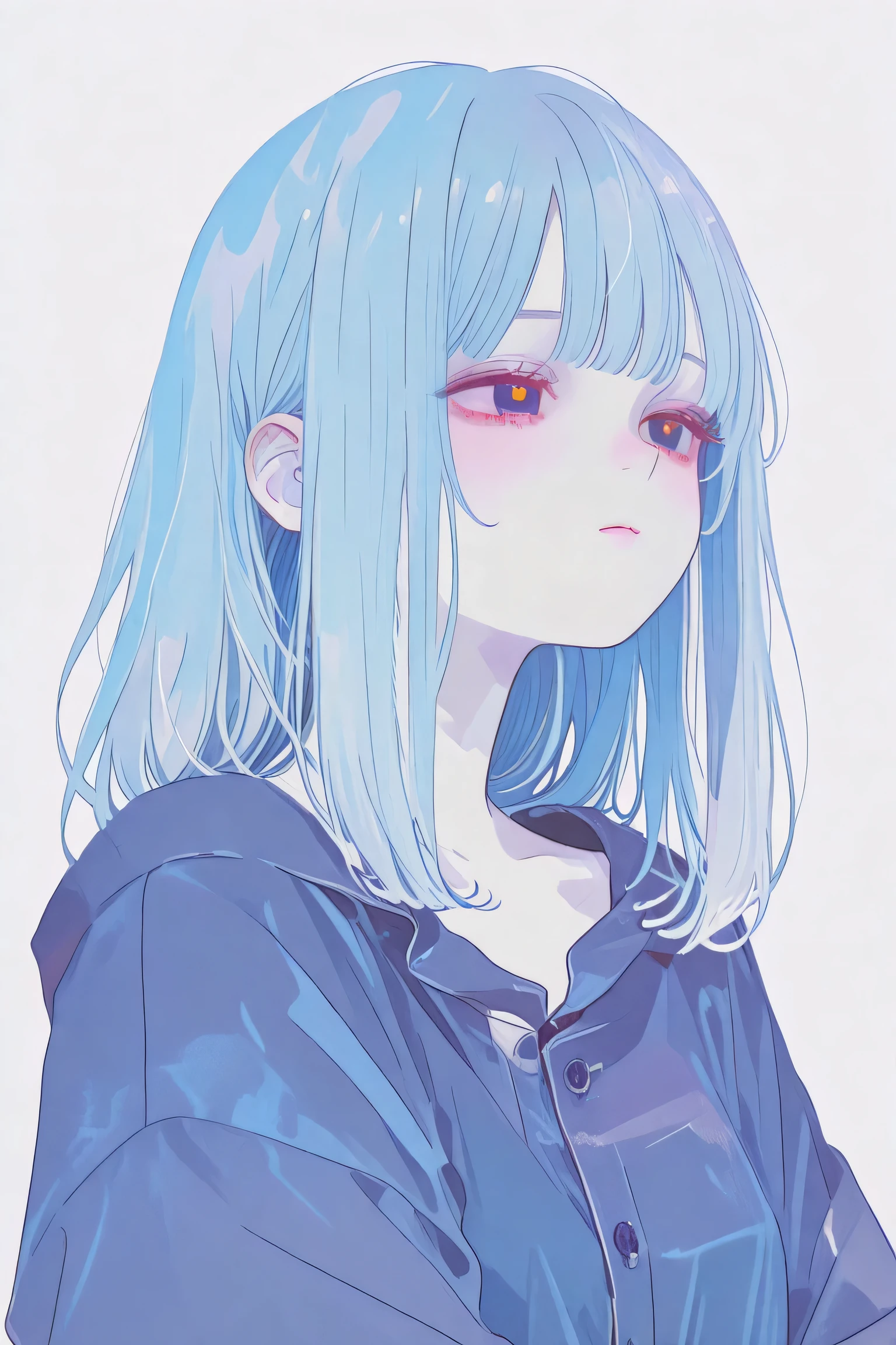 anime girl, pale white skin, blue hair, shoulder length hair with side bangs, hime bangs, navy blue shirt, front view, portrait, bue eyes