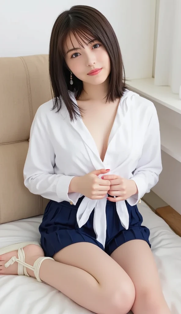 He is wearing a plain collared long-sleeved shirt and a brown apron.、(Have vaginal sex, Insert a vibrator into the:1.2)、sticking out the tongue、a short bob、18year old, Neat face, a baby face, Open your legs, (Best Quality, 8K, masutepiece :1.3), emotional, (gleaming skin, Shiny hair:1.4), Indoors, NSFW, masutepiece, Best Quality, (Ultra-detailed),Cafe Clerk、i'i'i'i'i'I'm putting effort into my legs、Black socks、In the street、