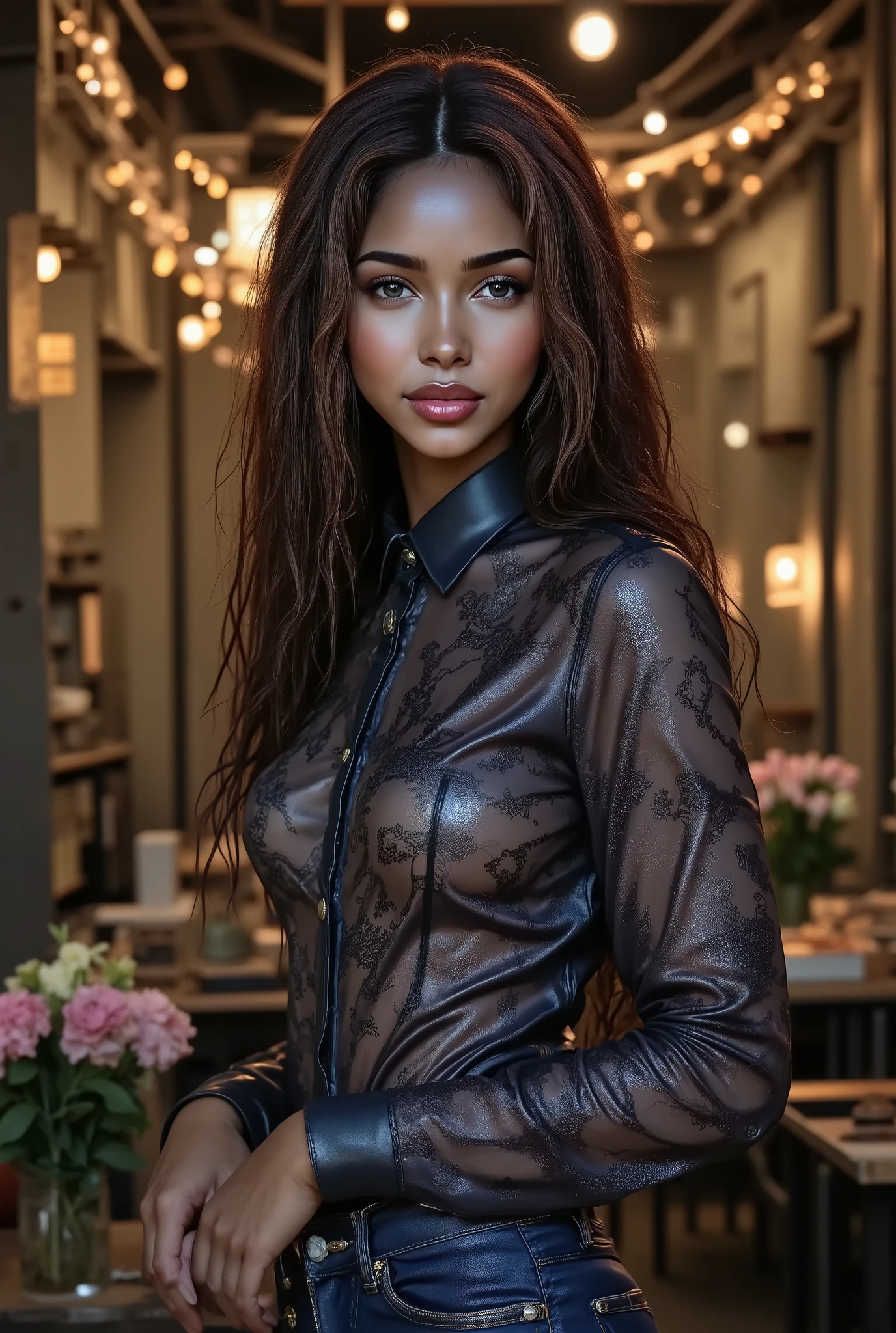 Foto hiperrealista en primer plano de smiling bi-racial woman, masterpiece, best quality, happy, smile, (photorealistic:1.4), (luxury long button up lace shirt :1.15), (blue jeans:1.2), cinematic light, wavy hair, in a old abandoned factory, amber twinkle lights in background, romantic lighting, (surrounded by flowers:1,15)