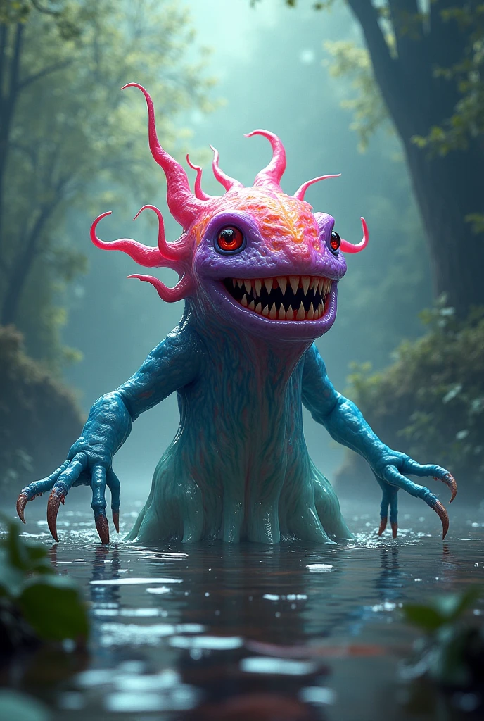 masterpiece, best quality, a (deep1full female) emerging from out of the ocean, teeth, bright day<lora:deepone-beta1-000012:1> (tvclown:1.3)