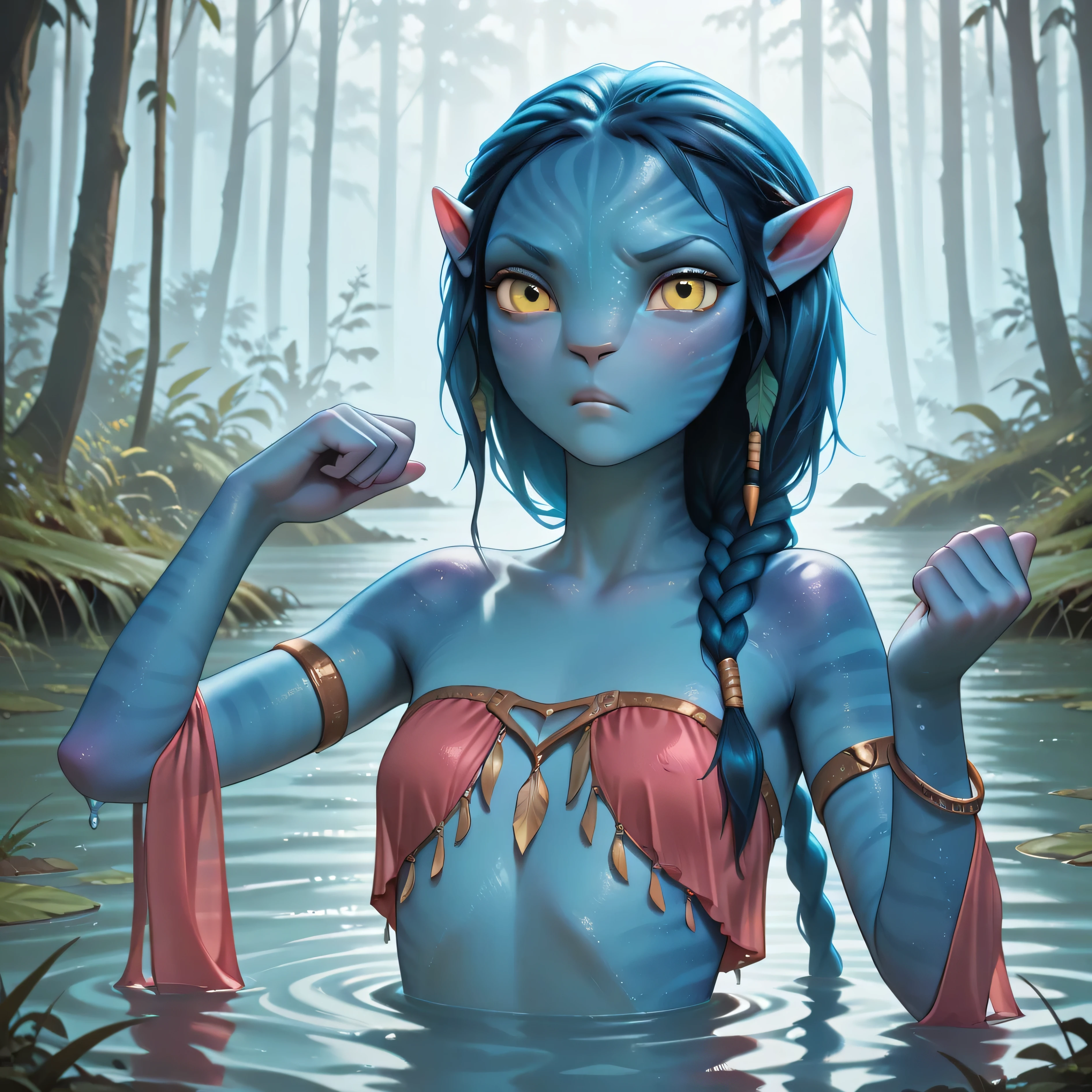 masterpiece, best quality, amazing quality, in swamp, blue trees, pink trees, bioluminescent, 1girl, solo, Na'vi, colored skin, striped blue skin, pointy ears, yellow eyes, red belly dancer outfit, looking at viewer, confused, annoyed, o-face, partially submerged, hands up,