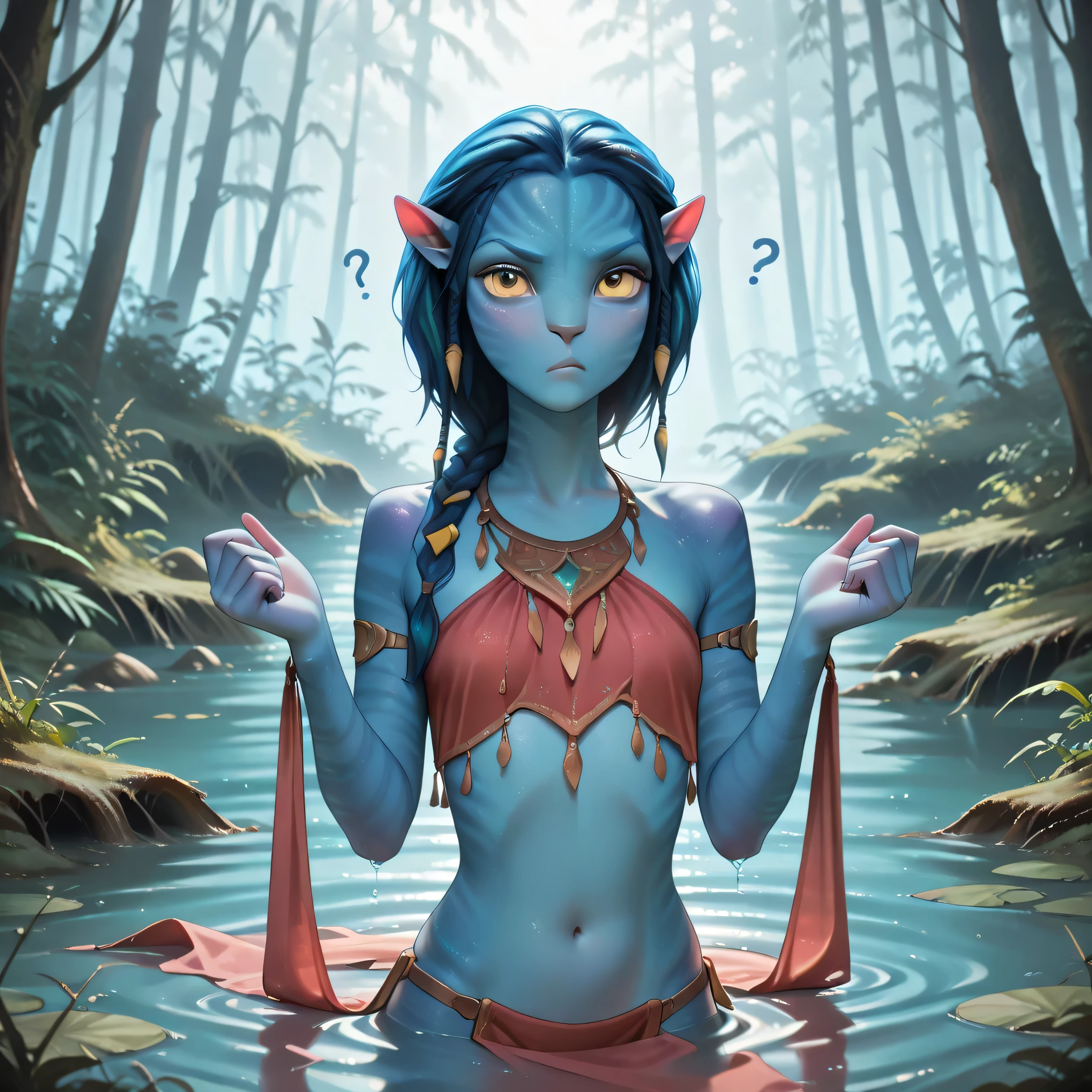 masterpiece, best quality, amazing quality, in swamp, blue trees, pink trees, bioluminescent, 1girl, solo, Na'vi, colored skin, striped blue skin, pointy ears, yellow eyes, red belly dancer outfit, looking at viewer, confused, annoyed, o-face, partially submerged, hands up,