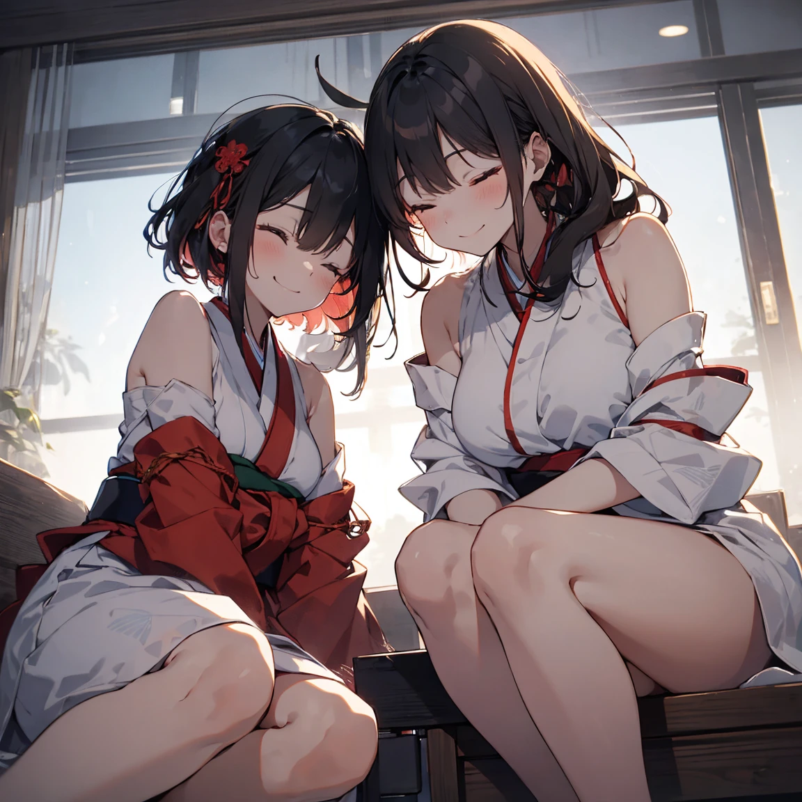 multiple girls, two girls, pair, twins, long hair, ponytail, , looking at viewer, black hair, hair accessory, gloves, sitting, yellow eyes, thighs, white gloves, exposed navel, thigh straps, heterochromia, skimpy clothing, chest curtains, very large breastses removed, kimono, sky, wide sleeves, armpits, , red ribbon, bells, sideboob, ribbon trim, hakama, hakama skirt, non-traditional shrine maiden, ribbon trimmed sleeves, shrine maiden, tabi, short hakama skirt, red hakama, hip vents, ribbon trimmed legwear,