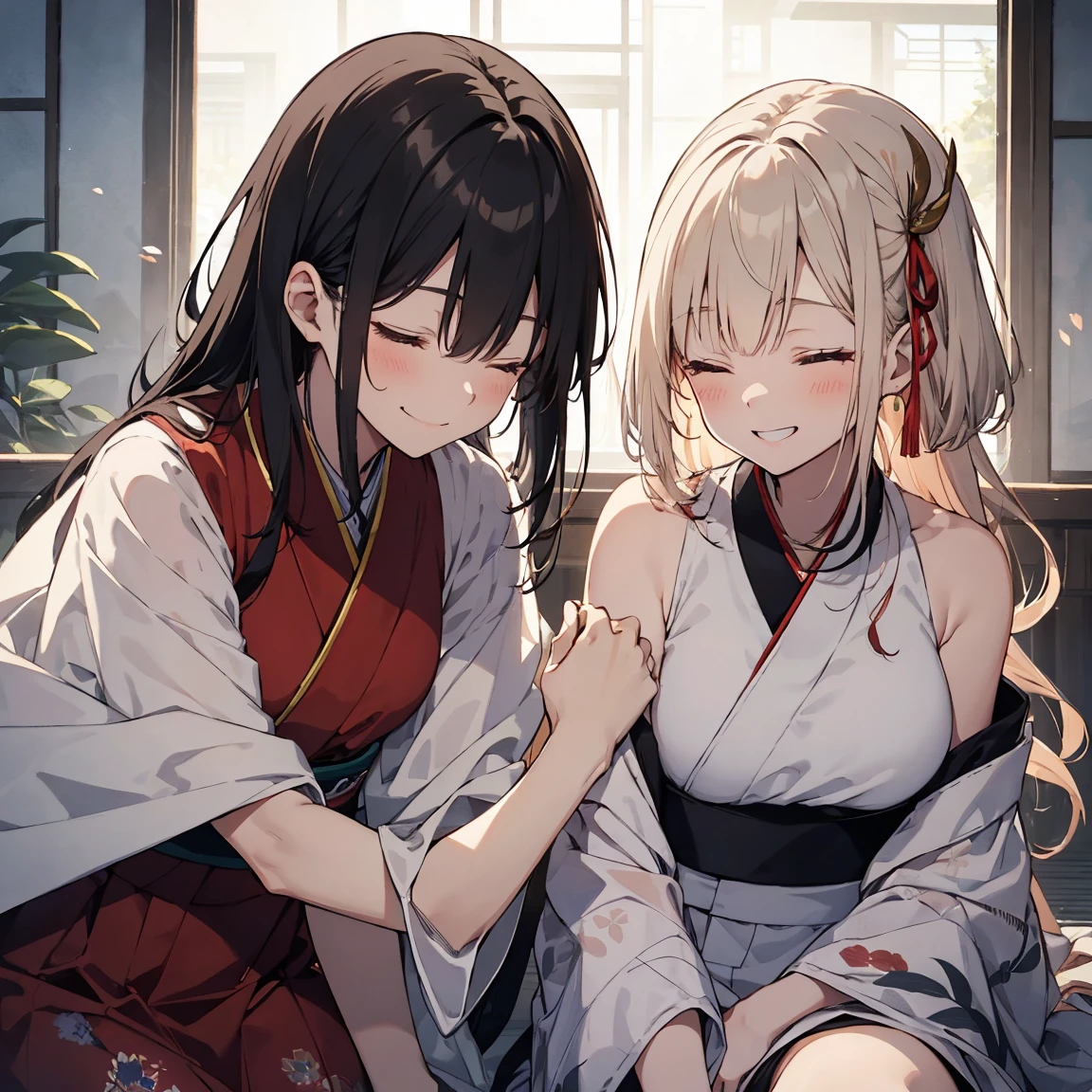 Two women hugging,Japanese clothing,Japanese-style room,Unbuttoned,I'm drunk,Midnight,Adult atmosphere,Change of clothes,Lying down