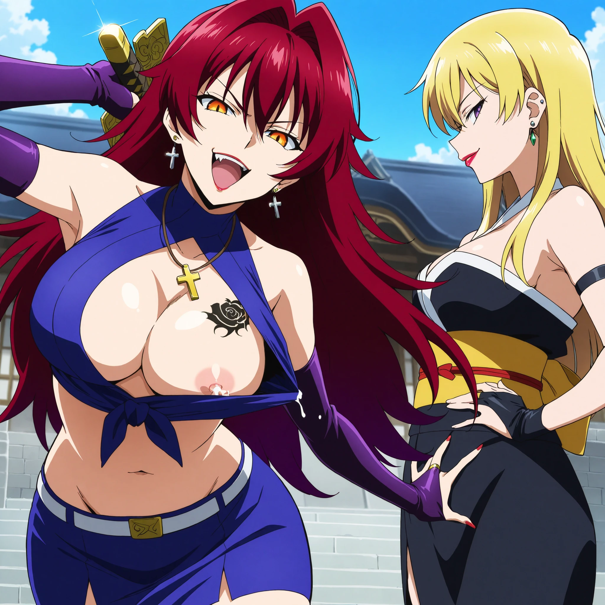 Group of 3 girls, two are clothed (Akeno and Saeko), the girl in the middle is naked (Rias), the two next to her seem aroused by looking at her, fully body included in picture, they are interested in the one naked girl, oppai, lesbians, hentai, ecchi