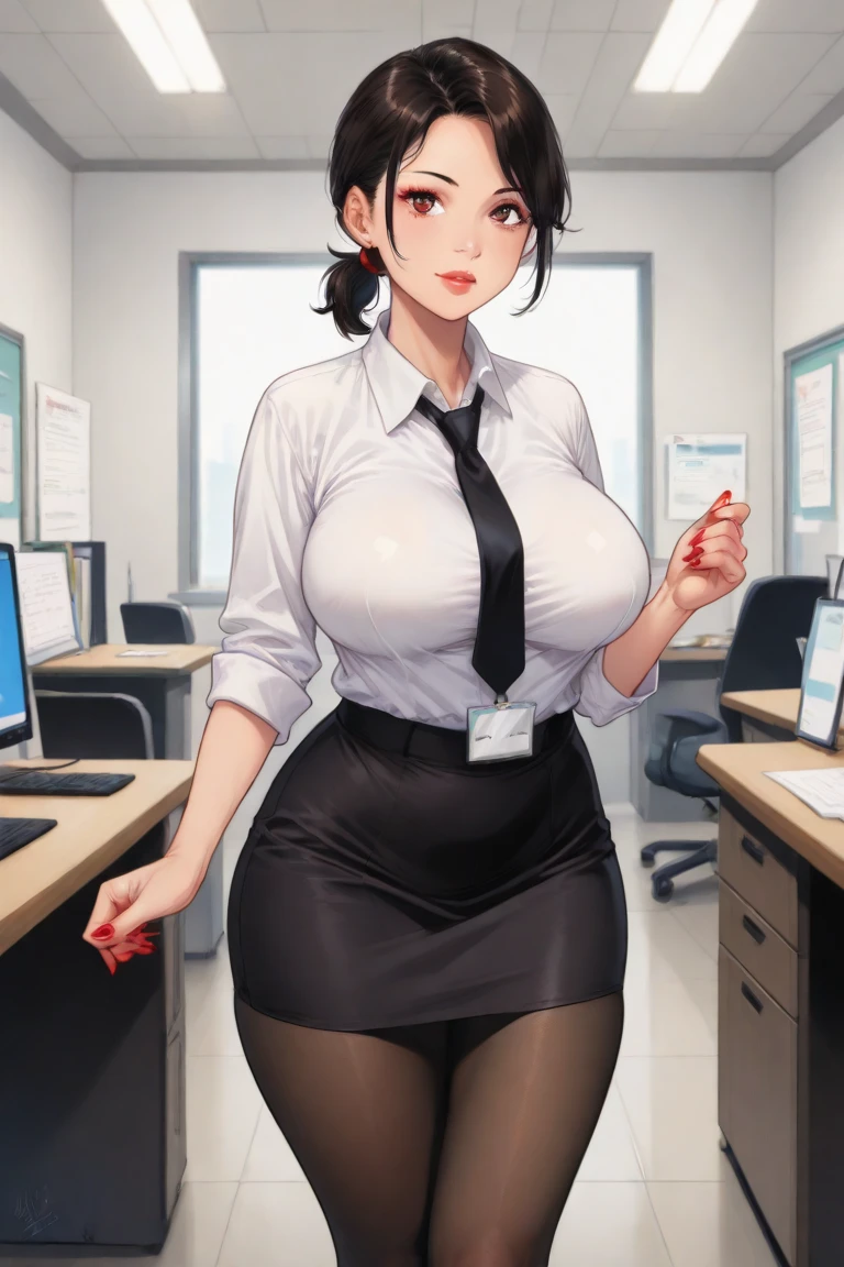 masterpiece, 1girl, best quality, chizuru mizuhara, waist-length chestnut-brown hair, a small ponytail hanging on the back, large breasts, brown eyes, full body, office lady, white shirt, pencil skirt, office, standing, arms behind back, looking at viewer