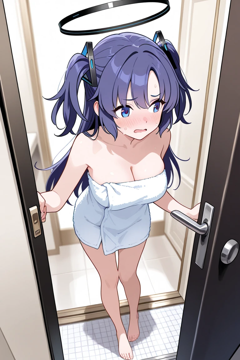 (masterpiece, best quality), hitamu (futoku no guild), ((purple hair)), animal ears,blue eyes, hair curls, large breasts, wide hips, <lora:FutokuNoGuild-1.01:0.75> , , <lora:washing_body_v09a:1> washing body, soap bubbles, sponge, holding sponge, convenient censoring, soap censor, navel, steam, bathroom