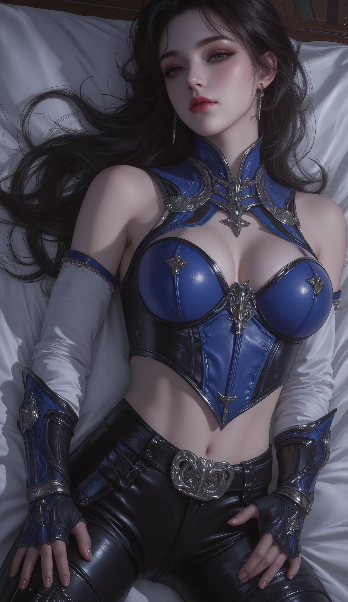 masterpiece, best quality, ultra-detailed, (stunningly beautiful woman:1.3) with (lustrous long black hair:1.2) and (wispy scattered bangs:1.1), (exquisite symmetrical face:1.2), piercing (cold arrogant gaze:1.2), (athletic fit physique:1.1), (flawless alabaster skin:1.2). She wears a (fantasy-style high-neck sleeveless leather breastplate top:1.3) in (dominant sapphire blue and obsidian black, with subtle silver trim and white accents:1.2), revealing a (slender firm waist:1.2), paired with (form-fitting black leather pants:1.2) showcasing her (long, powerfully alluring legs:1.2). (Ornate dark metal bracers:1.1) adorn her wrists. (Posed lazily yet provocatively and sensually on a silk-sheeted bed:1.3), embodying a (seductive and enigmatic fantasy female swordmaster:1.2). Exquisite mature illustration art style, intricate details, dramatic chiaroscuro lighting, sharp focus, professional digital painting reminiscent of WLOP and Frank Frazetta, trending on ArtStation, cinematic atmosphere, dynamic composition, high fashion concept, magical realism.
