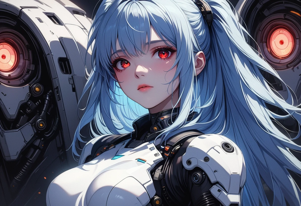 ((((best quality)), ((masterpiece)), (detailed face and eyes), perfect face, accurate, textured skin, high details, highres, light blue hair, bangs, long hair, red eye, symbol-shaped pupils, cinematic lighting, chiaroscuro, textured skin, masterpiece, high details, super detail, A scene from a science fiction movie. A soldier who works in a city on a different planet from Earth. Wearing a functional bodysuit. The shoulders and arms are equipped with mechanical parts. young woman.