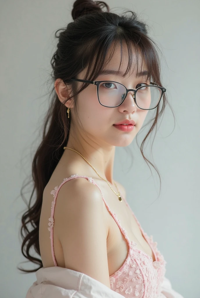 top Quority, Ultra-clear resolution, (((Cute Chinese girl. 15 years old))), body. slim. thin. Captivating. ((make-up face. Pink lipstick)). ((long black hair with Bangs)). ((Wearing glasses)).
((Pink Micro panties)), ((Strapless tube Bra)), stand. looking back. sexy ass. visible from behind. small thigh circumference. visible from behind. shot from the back angle. back detail ((in front of the make-up mirror)).