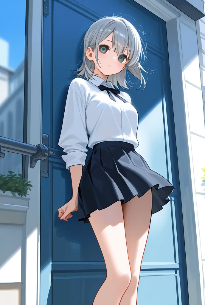 Product quality, ((1girl in)), Full body shot, (low angles:1.2), a Japanese young pretty woman, hyper pretty face, (Silver-haired shorthair), Blushing cheeks, Glossy lips, Glamorous figure, ((Blue checked pleated skirt, neck tie)), (private school uniform), Looking at the camera, Double eyelids in both eyes, Natural makeup, long eyelashes, shiny smooth light brown hair, asymmetrical bangs, Tanned skin, Beautiful hair, Beautiful collarbone, Beautiful body, Beautiful chest, beautiful thigh, Beautiful legs, Beautiful fingers, central image, High resolution, high detailing, detailed hairstyle, Detailed face, spectacular movie lighting, Bokeh background, animesque, Perfect limbs, Perfect Anatomy, tre anatomically correct,