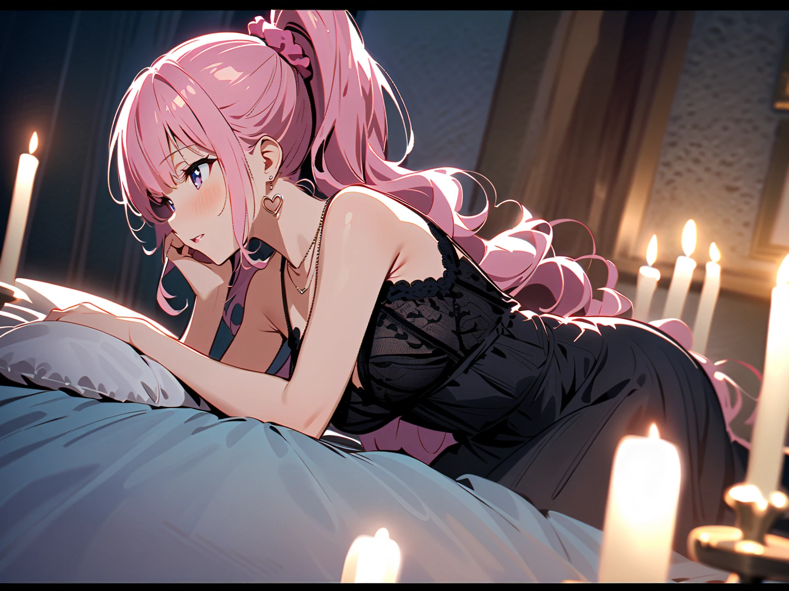 Lingerie, sitting on bed, (blushing face:1.5), smiling, f cup