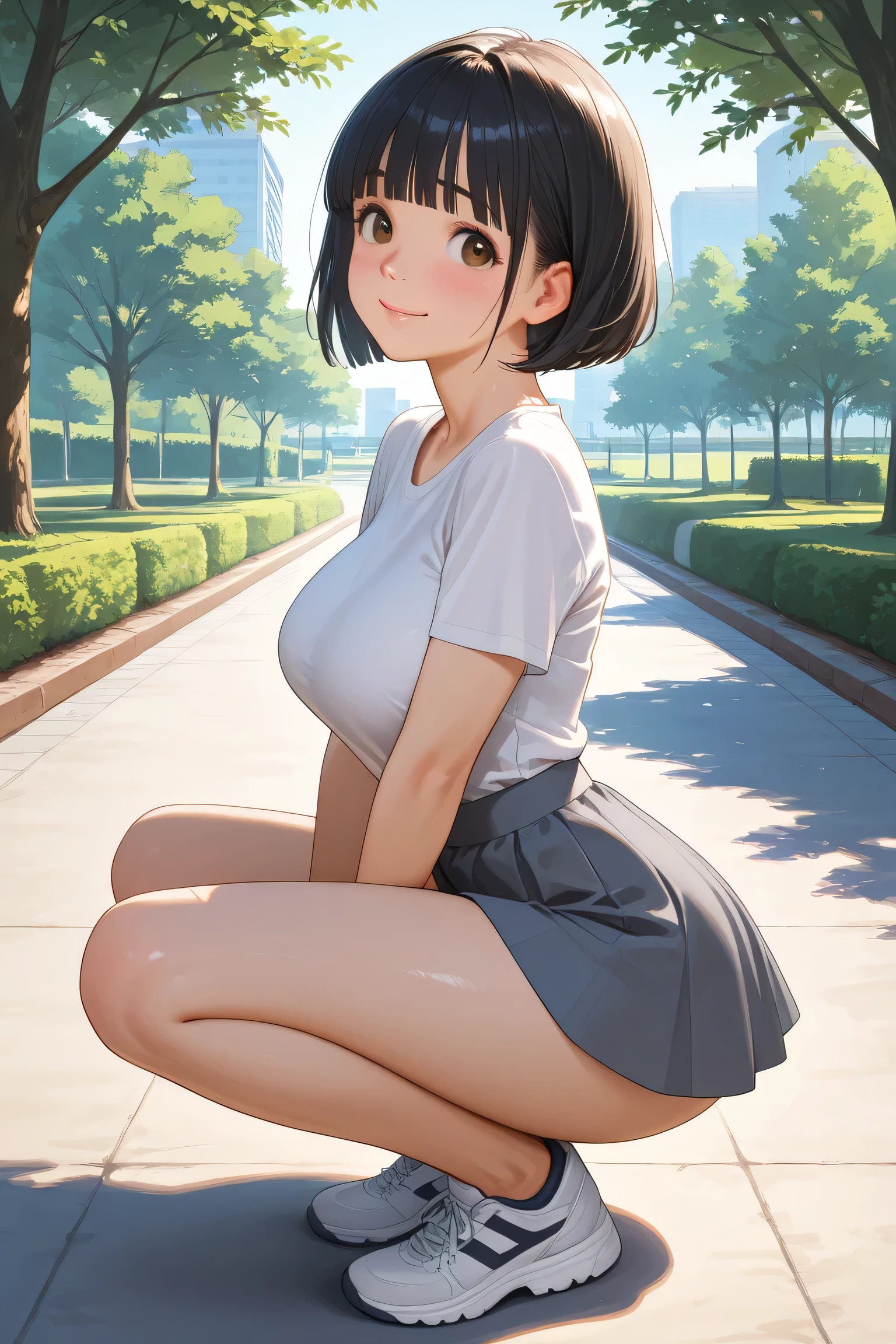(NSFW:1.6)、(Sunny day in the park 1.0)、A smile full of happiness、((Please raise your hand、looks happy、whole bodyに日の光を浴びる、:1.3))、Shortness of breath face、do not have、(Super big breasts、1.1)、sweating、Expression of the state of excitement、short hair、((Completely naked、whole body:1.5))、One Girl,(Modest crotch crack:1.3)、(Squat with your legs apart:1.4)、(Detailed anatomy、Detailed finger count:1.0)、From below
