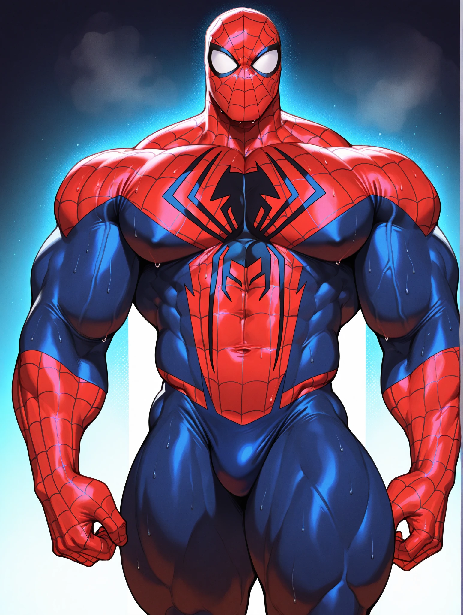 solo, 1boy, male focus, muscular, sweaty beefy muscles, wide thick torso, big pecs, broad shoulders, thick thighs, Spider-Man, relaxed, from the front,
perfect anatomy, masterpiece, perfect quality, best quality, detailed, newest, very aesthetic
