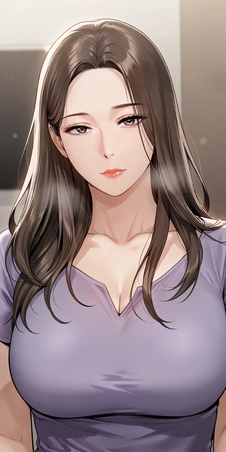 masterpiece, ,(alone:1.1), perfect face, (bright lighting:1.2),beautiful and fine eyes, highly detailed face, perfect lighting,masterpiece, highest quality, ((mature woman)), ((big breasts)), 30 year old female, 1 girl, red lips, black hair, straight hair ,provocative, tease, lips, lipstick, red lips, red lipstick, mature woman, adult woman, bold lips, thick lips , Upper body, long hair