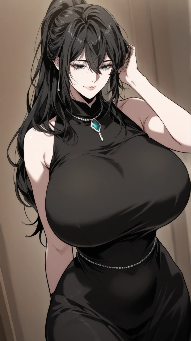 1girl,solo, Woman,Black Hair,long hair,Glasses,mother,gentle,kind face,Super huge breasthighs,Black Dress,necklace,Are standing,Looking at this,Inclusive,White background,