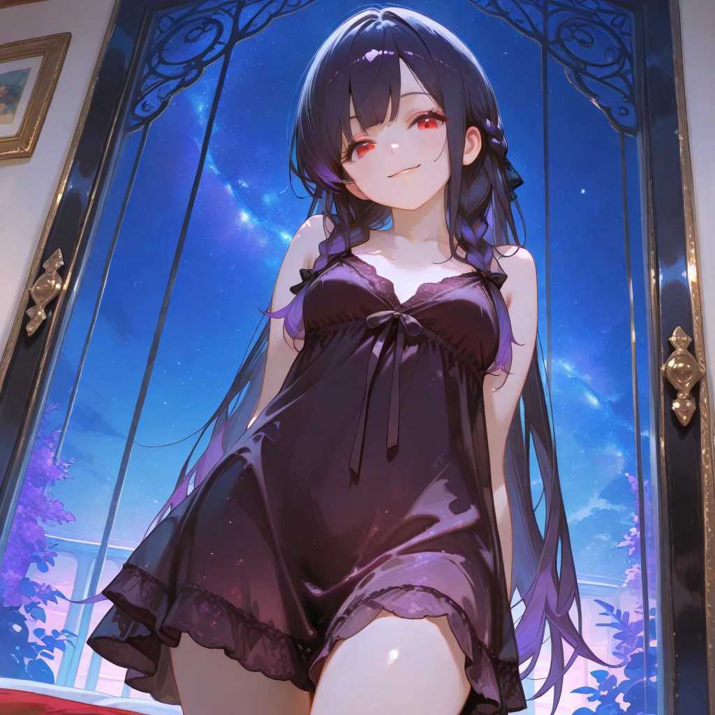 yuukikonno, Konno Yuuki,Long Hair, tiara,Pointed Ears, Purple Hair, (Red eyes:1.5), (Small breasts:1.2), smile,Purple Dress,Purple Long Skirt,Purple stiletto heels,Sleeveless,Expose your shoulders,Bare arms,Bare neck,bare clavicle,She is wearing a wedding ring on the ring finger of her left hand.,Heart Necklace,Tears stream down her face,Tears of joy,I cry a lot,There is a cake on the table,There is a box with a ribbon on it on the sofa.,ロマンチックなroom,Romantic night view,moonlight,
break inoors, room,Party Venue,
break looking at viewer, (Cowboy Shot:1.5),
break (masterpiece:1.2), highest quality, High resolution, unity 8k wallpaper, (shape:0.8), (Beautiful details:1.6), Highly detailed face, Perfect lighting, Extremely detailed CG, (Perfect hands, Perfect Anatomy),