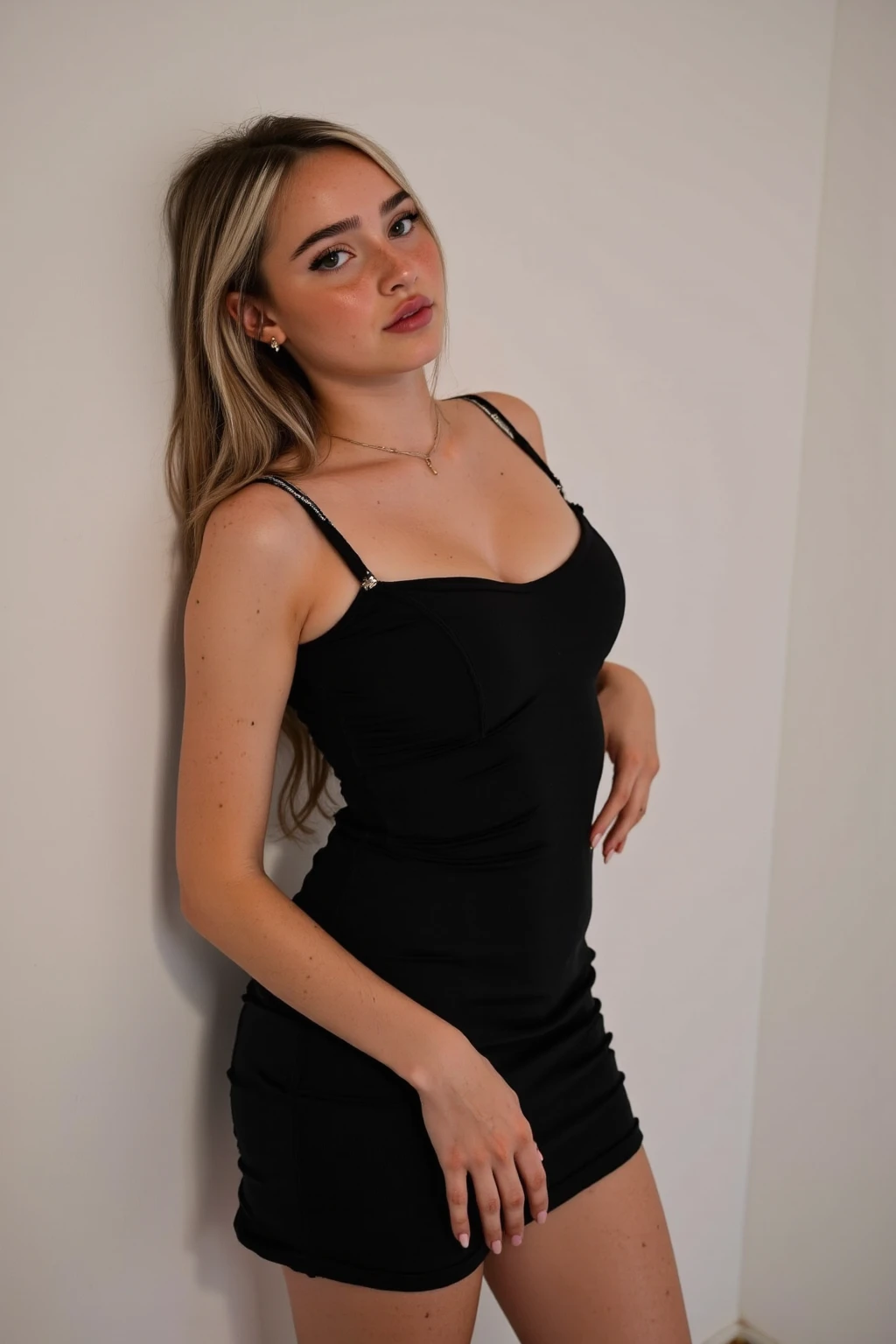 18 year old girl with long, flowing blonde hair, she has grey eyes, has medium breasts, has tattoos and is wearing black dress, looking at you