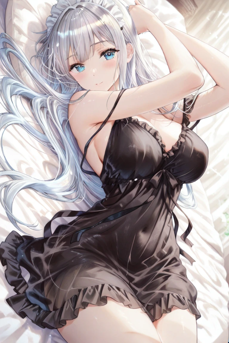 (masterpiece、Ultra-high resolution、16k 、High quality illustrations)、(Tall beautiful woman:2)、(Very small face:2)、(Big Breasts:2)、(Slender body:2)、(Beautiful body lines:2)、(Silky white hair:2)、(Sparkling blue eyes:2)、Straight Long Hair、(White Lingerie:2)、(Lie on the bed and hug your knees:2)、blush、(Beautiful Face:2)、(High heel sandals:2)、