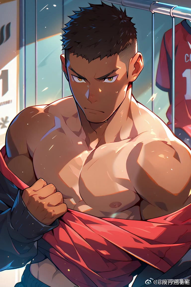 (masterpiece, best quality:1.2), solo, male focus, 1boy, muscular male,Hair on the chest