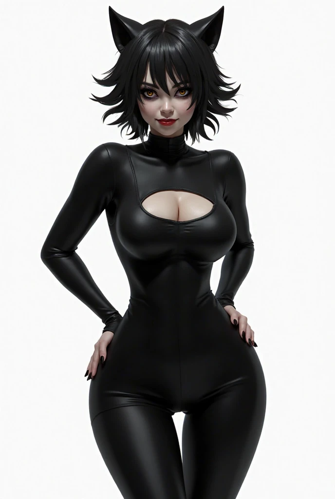 An animated female character with shoulder-length wavy dark hair, black, with an asymmetrical hairstyle that partially covers one side of her face. Very pale skin. His eyes are a deep brown color. She is wearing a black outfit that includes a long, tight-fitting bodysuit., with long sleeves and shorts. The bodysuit has a belt tied at the waist., that fastens in the front.  Wear gloves and barefoot, ambas black. Black nails. The posture and facial expression suggest that she is ready for a battle or quick action.. is high, she is an evil villainess, bloated belly, huge belly, biggest belly, sexy, sexy feet, bare bloated belly, inflated belly, small boobs, full body, detailed face, 