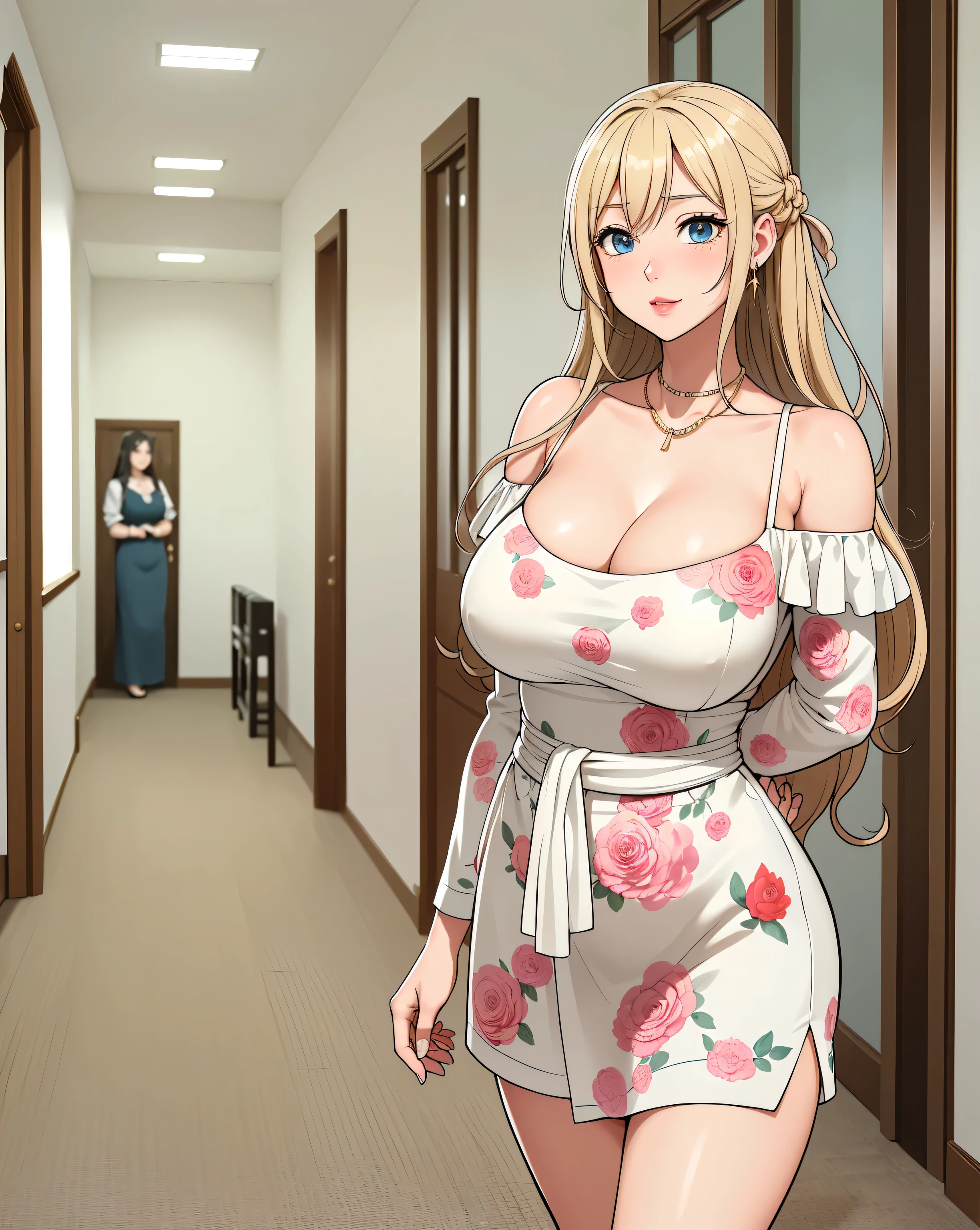 An extremely beautiful stunning busty woman, with gold blonde long silky hair, big blue eyes, extremely super bright snow white fair stunning flawless glowing lush shiny flawless white skin, a perfect tight hourglass figure, and a skinny waist, sexy thick smooth luscious legs and thighs, extremely cute smile on the face, bright pink blushes on cheeks, wearing a short sexy tight revealing white floral dress along with a pink sash around the waist and a brown off-shoulder sweater, yellow heels, gold necklace on the neck, gold anklets on feet, gold chain on the waist, standing straight, holding a red roses bouquet, street in the background, show full body from head to feet.