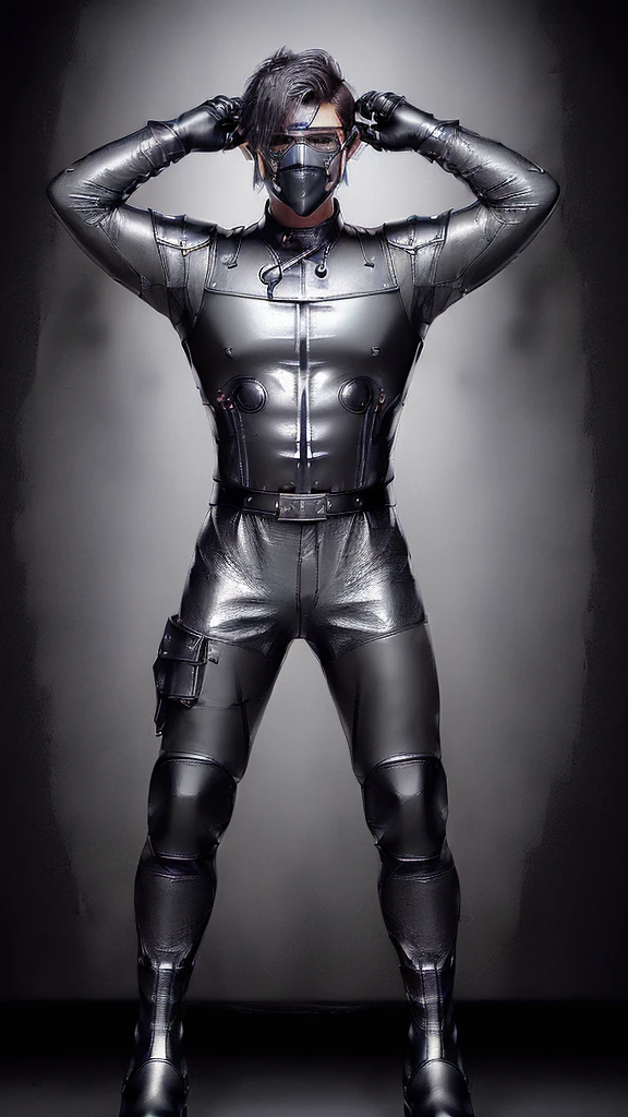 ((best quality)), ((masterpiece)), (detailed),
a 25 years old handsome,hot sexy, ultra attractive burmese man,who has six packs and biggest erect long big penis,wears silver motorcycle biker racing fighter suit,black gloves,black shoes.man is standing at dark silver background.he is advertising about the product 'HHT' antacid tablets by his gloved hands at indoor commercial shooting studio.Hot attractive man in realism style for advertising commercial Attractive commercial photos.