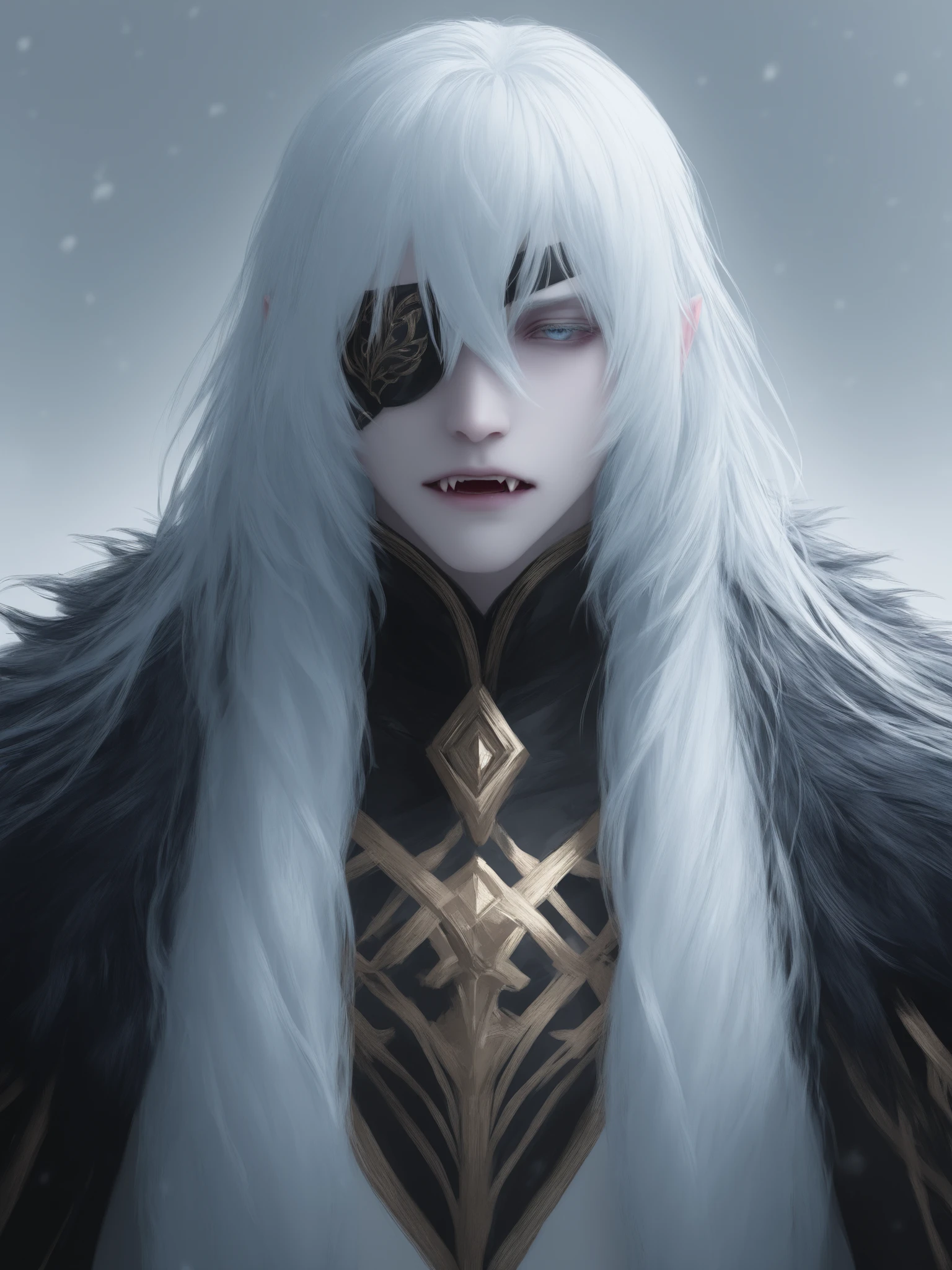 Male. Long White Hair with Eye-covering Bangs. Black & gold eyepatch. Crystal blue Irises. Fangs. Pale White Skin. Black & Gold Noble Garments. Cold Expressio. Full upper half. 4K quality.