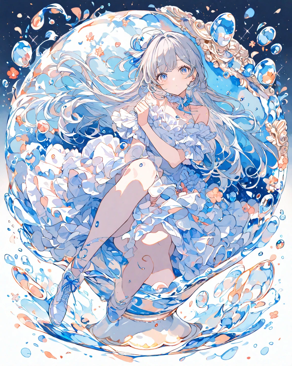 (masterpiece), (best quality), (official art, extremely detailed CG unity 8k wallpaper), (highly detailed), ((absurdres)), 1girl, mid shot, (exquisite facial features),(serafuku:1.3) ((sfw)),((clear hands)), ((white thighhighs without shoes)),aqua eyes, color contact lenses, stars in the eyes, (((colorful bubble))), colourful glass, (album cover)