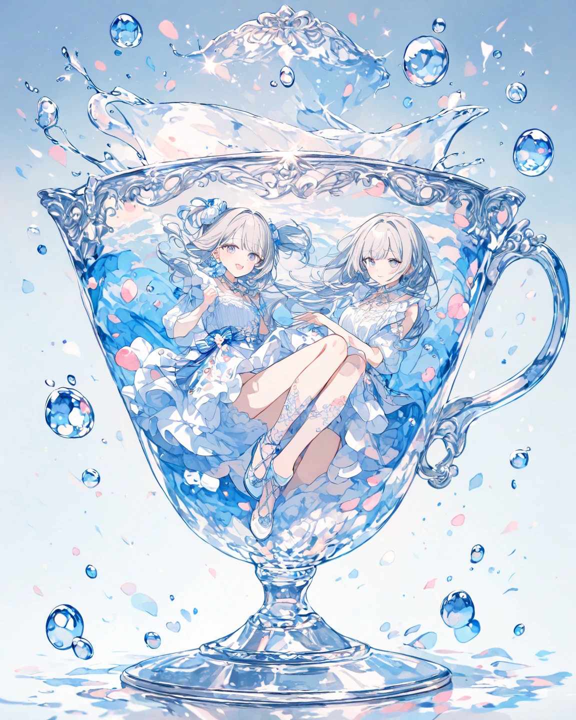 (masterpiece, highest quality, ultra high res, ultra detailed:1.3), 2 cute girls, blonde short hair, ideal ratio body proportions, black clothes, pink medium hair, half twintail, white clothes, curling up to form a circle, yin and yang, Yin Yang Taiji Diagram, Taijitu, from above,