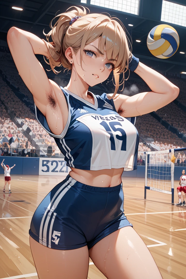 high quality,HD,16k,sharp lines,1 girl,Female volleyball athlete ,cute face, large breasts, nice legs,At the volleyball venue,focus girl,detailed beautiful face,detailed clothes,beautiful eyes,cool,dynamic angle