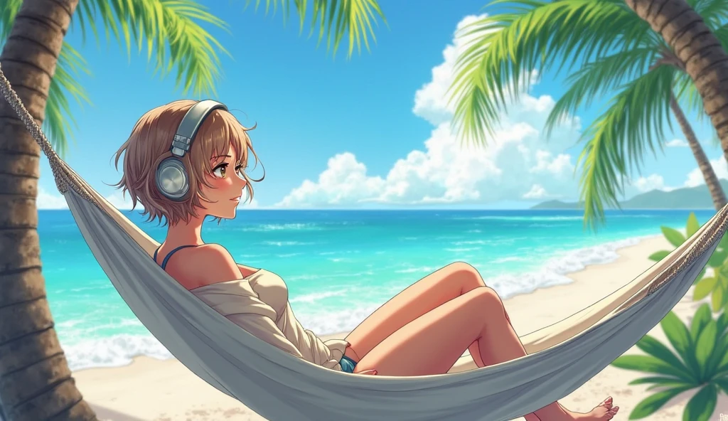 ((Top Quality)), ((Masterpiece)), ((Details)), perfect face, perfect body, sitting on the beach, listening to music, wearing headphones, wearing swimsuit, swimsuit transparent, tight with buttocks and breasts exposed Woman with clothes on and face visible