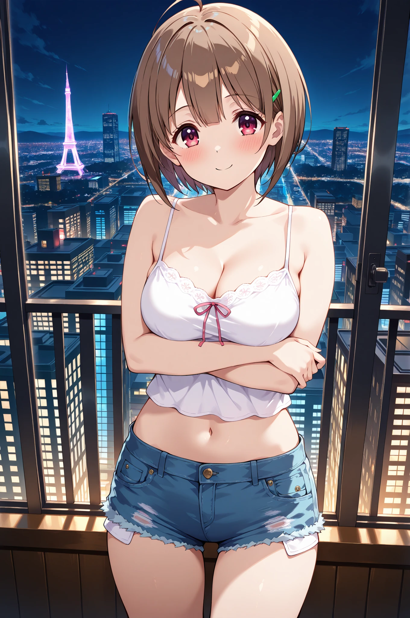 1girl, anime_coloring, black_eyes, brown_hair, choker, short_hair, smile, solo, style_parody, / yellow_bra, yellow_panties