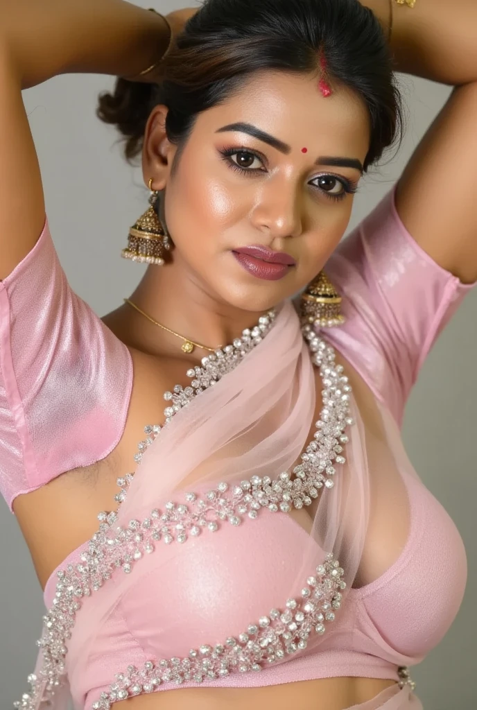 South Indian women, wearing cream colour chiffon transparent shiny skirt and light green shirt