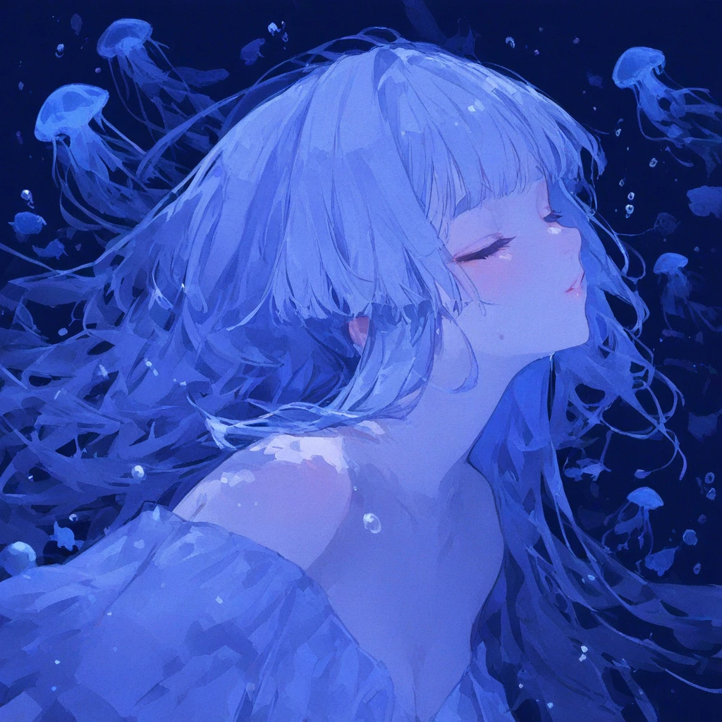 A serene and surreal scene, Woman's face in profile emerging from water, Grey Skin, close your eyes,Tears、 Sleep, vapor, Dreamy atmosphere
