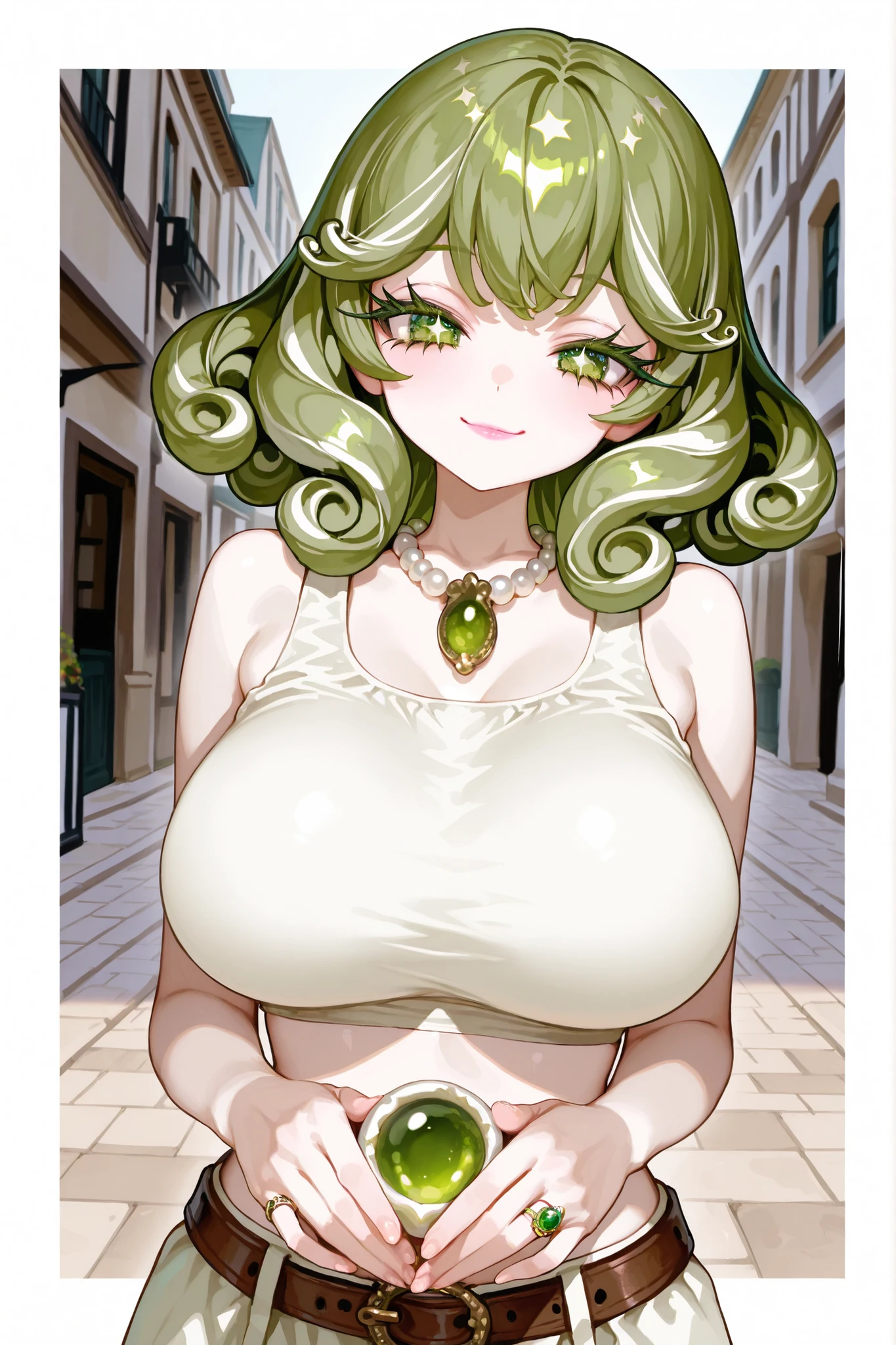 (8k, RAW photos, top quality, masterpiece: 1.2), (High Quality), ray tracing, HDR, (High Details), (Face detail), (Shadow Detail), stylized blush, masterpiece, best quality, high quality, highres, 4K, lip gloss, makeup, woman, detailed, cleavage, thick thighs, 1girl, solo, masterpiece, best quality, high quality, highres, 4K, black dress, green hair, red eyes, smug,