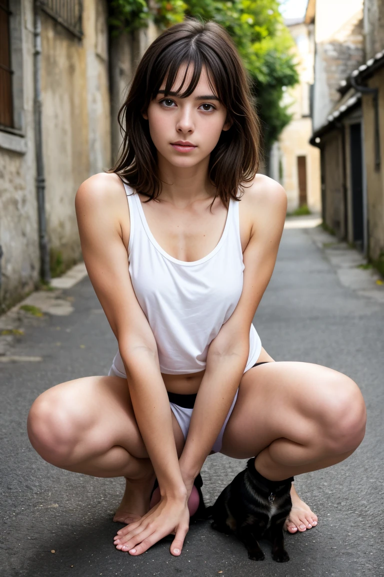 (realistic, photo-realistic:1.4),(masterpiece, best quality:1.2), RAW photo,high resolution, intricate details, extremely detailed, incredibly detailed, insanely detailed, looking at viewer, view from below, solo, a 27 years old Japanese woman, tall woman, standing, leaning against wall, (crop top, tiny thong), detailed face, detailed eyes, sophisticated nose, pale skin, fine-textured skin, abs, (futanari, futa, crossdresser), (bulgeJ8, cloth bulge, big bulge in thong:1.5), outdoors, city landscape, in street, daytime, sunny, in summer,