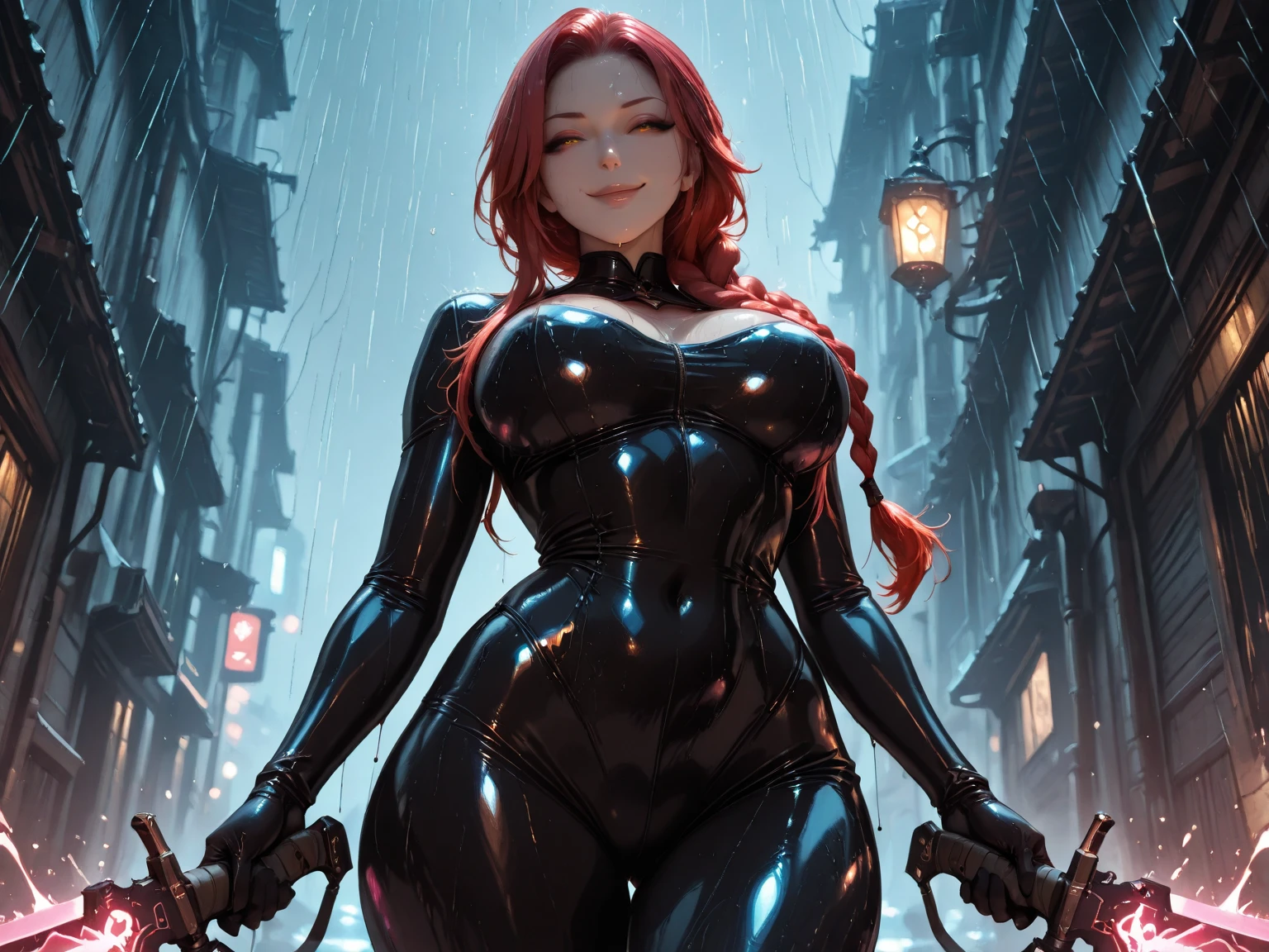 Create Cyberpunk: Edgerunners in an intense and evocative anime style. The scene shows a woman with long, wavy red hair, sky blue eyes shining brightly from the light in them and emphasizing her pose, expressing rage. Her tight fitted matte black latex suit accentuated the curves of her sexy, athletic, sensual, extremely attractive body with a perfect anatomy. The atmosphere is a dystopian city at night in contrasts of blue and black under heavy rain that falls on her, wetting her face and body, evoking mystery in the intense atmosphere, balancing every detail.