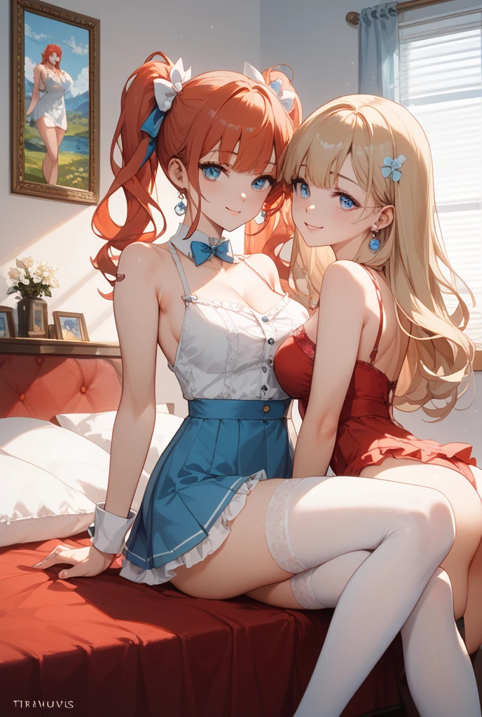 Orange twin-tailed girl adventurer masturbating at the inn