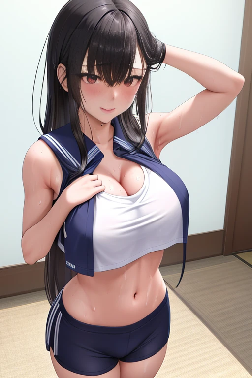 Anime girl in uniform talking on mobile phone, nagatoro, magical school student uniform, Hinata Hyuga, Smooth Anime CG Art, shikamimi, 4k highly detailed realistic, Photo of a beautiful 18-year-old Anglo-Saxon sweaty girl ((Sharp jawline)) and perky tits, Wearing wet clothes standing by the bedroom window、In a deep wet sports bra with a neckline