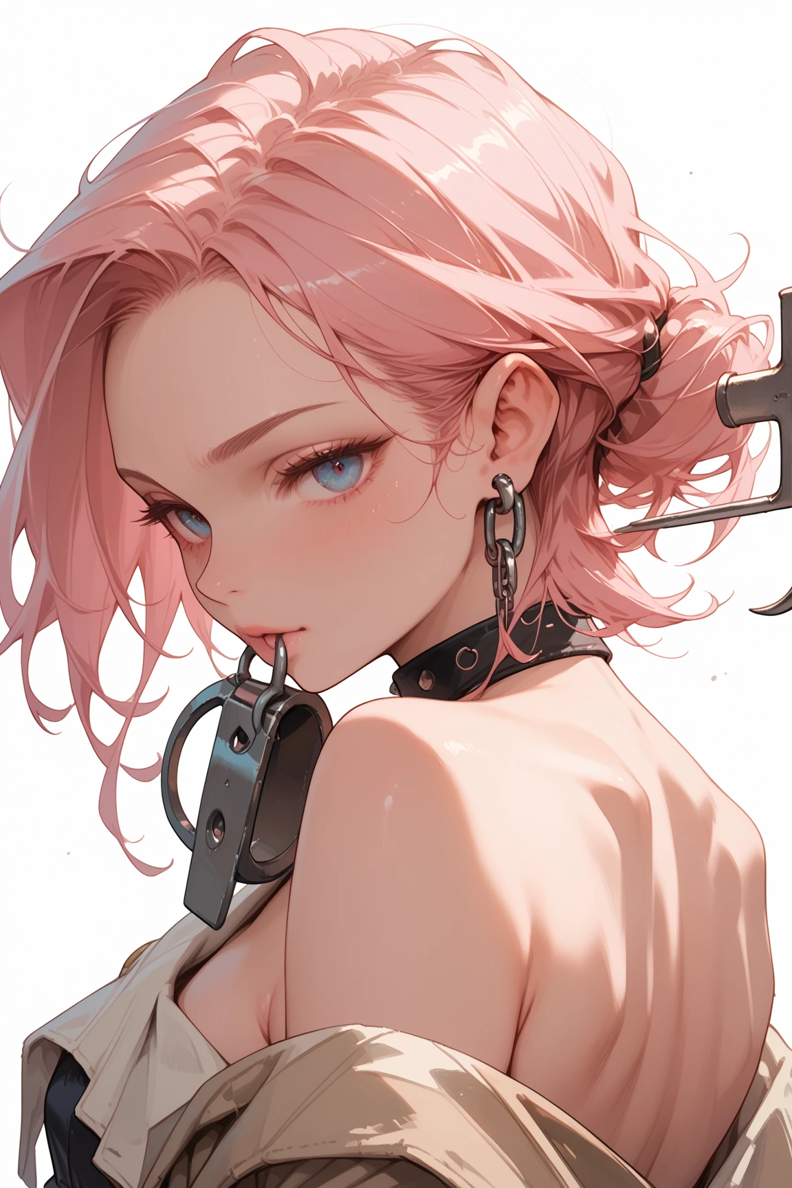 dark dungeon,(collar, chain leash),nsfw,profile,topless,(fellatio, oral, licking_penis:1.4),face focus,(cuddling handjob:1.3), troubled face,(troubled eyebrows:1.1),(nose blush:1.2), (embarrassed,blush:1.2),(close up of face),(tears:0.8) ,(cum on mouth:1.3),