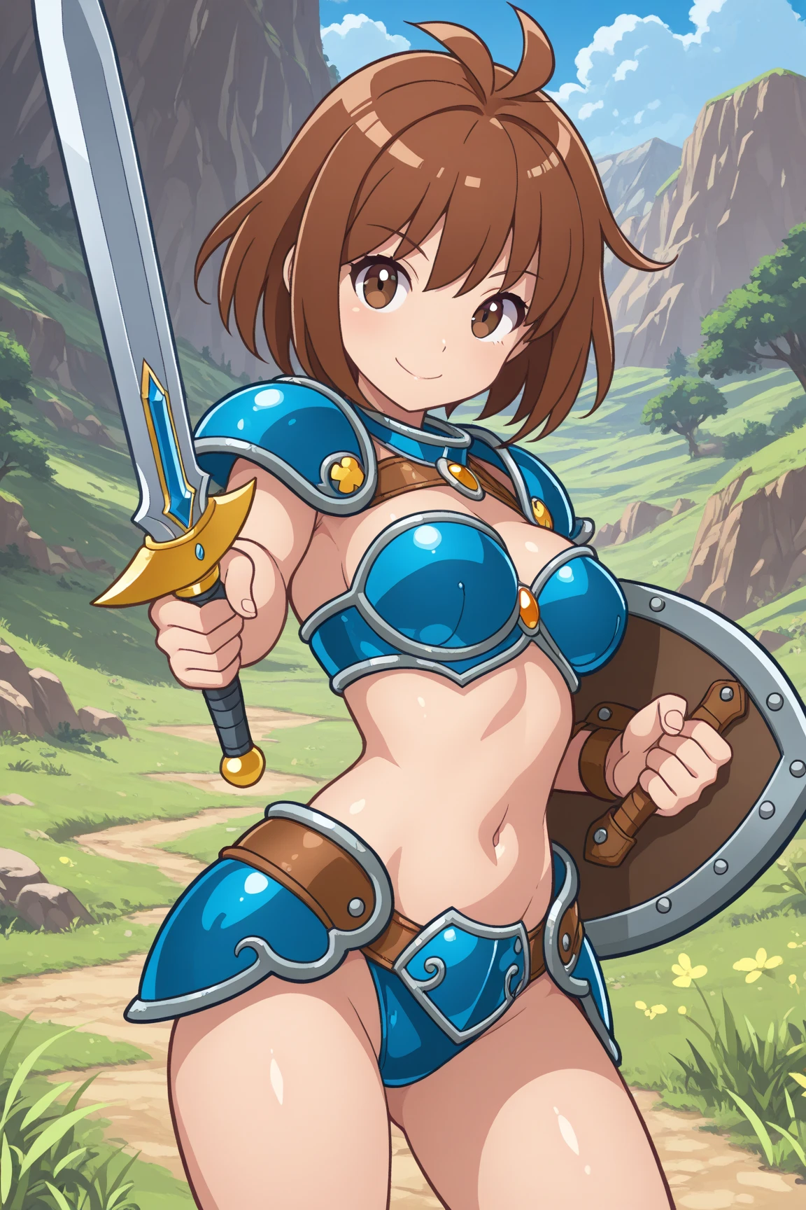 "(masterpiece:1.1), best quality,
1girl, (traditional media 80s:1.4), (eyelashes:1.5), (loli:1.2),
(intricate high detailed body:1.2),
(brown hair:1.1), (blunt bangs:1.1), (long hair, straight hair:1.1), (headband:1.1),
brown eyes,
(muscular body:1.1), (huge breasts:1.1),
(shy:1.2), (blush:1.1),
(bikini armor:1.2), (knight armor, armored boots:1.2),
(streaked hair:1.2), neckwear,
standing, (dynamic pose, action pose, leaning forward:1.2),
(upper body, cowboy shot, looking at viewer:1.1),
(daytime, grassland, outdoors:1.1)"