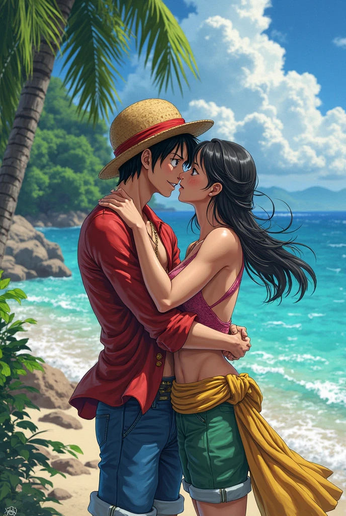 Luffy and boa Hancock kissing eachother in beach