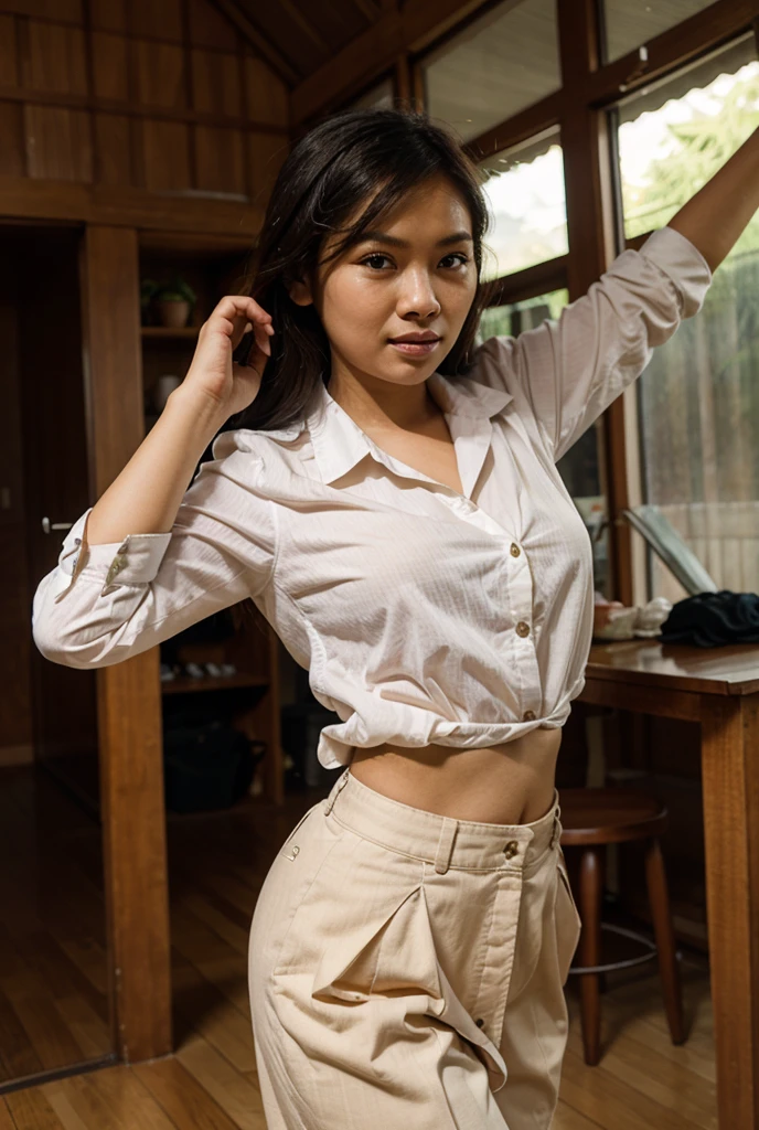 Young sweet beautiful Indonesian girl, 26 years old, slim body, georgeus face, greek nose, very messy pony tailed hairs, a office secretary, wearing white thin long sleeve full all unbuttoned shirt, yellow company badge on the shirt pocket, wearing dark blue thin cripled full very long skirt, wearingbelt, wearing office woman shoes, red hairy open wide vagina exposed, no bra, no panty, very realistic, very detail, being having anal sex, as dildo inserted into her open wide redish anus, lying down molested open very wide legs on floor in boss ròm, for very first time enjoying having sex cute shy sweet face, open wide mouth as shouting loudly iiiiickkhh, head down on the floor, semi nude, full sweat on her face, full sweat on all her skins and hairs, enjoying having sex as unconscios eyes stare to the ceiling, nipples and breasts off young teenage girl exposed, there is 50 years old hansom naked boss standing beside her visible in this frame,