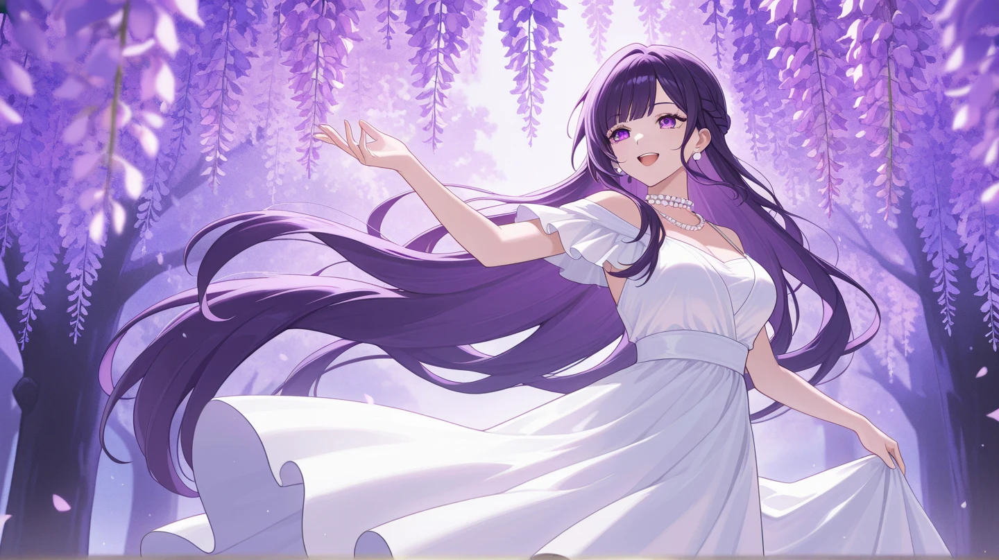 1girl, scene,happy, cherful, very long hair, hair flow, braid long hair, with white dress , purple eyes, pearl earrings, pearl choker necklace, pose, beautiful color, dark purple hair, wisteria tree