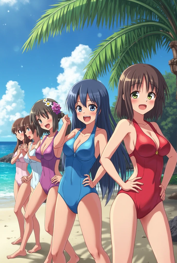 masterpiece, high resolution, high quality, detailed, 10 Girls, Huge breasts, sheer swimwear, Small swimsuit, Wet, A lot of semen, Put your hands behind your back, Long Hair, Hunchback, smile,（（表情のdetailed：Cross-eyed、Stick out your tongue、Sparkling eyes））